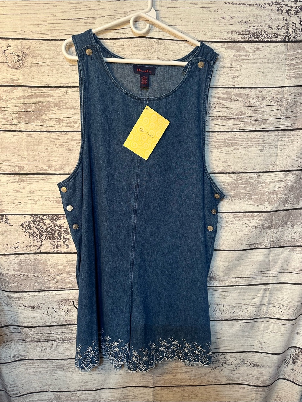 Denim&Co Dark Blue Sleeveless Denim Jumper with Scalloped Embroidered Hem
